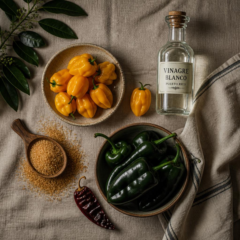 Ingredientes frescos de Pikateste — Habanero, Poblano y Caña